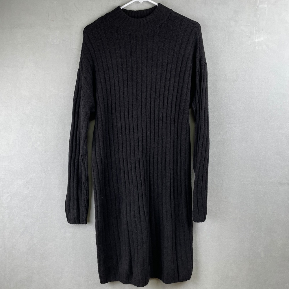 Hilary Radley Ribbed Mock Neck L/S Stretch Cocktail Sweater Dress M Black Knit